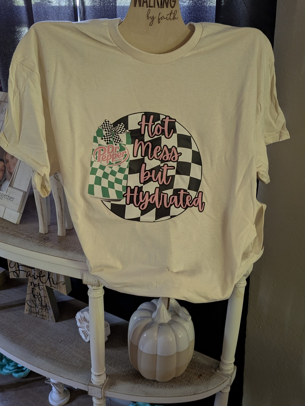 Gildan Cream Short Sleeve Tee with Pink & Black Checker Graphic